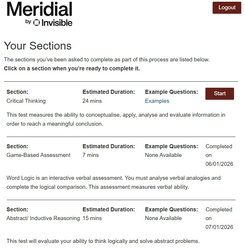 Meridial Assessment Overview showing Critical Thinking, Word Logic, and Abstract Reasoning modules