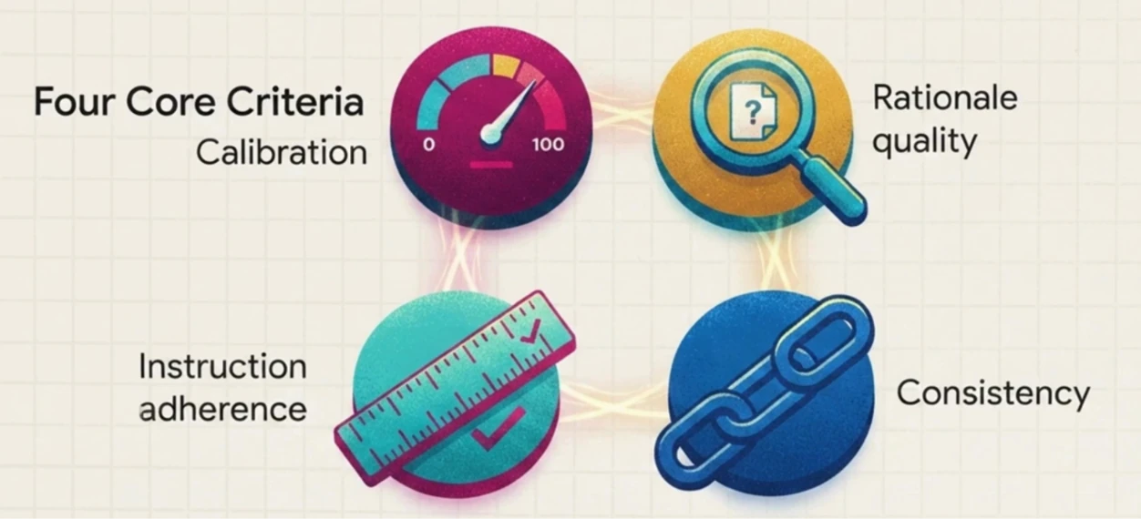 The four criteria platforms use to evaluate annotators: calibration, rationale quality, instruction adherence, and consistency