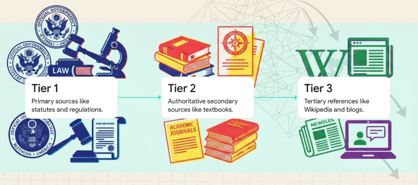 The source research hierarchy: primary sources, authoritative secondary sources, and tertiary sources that are never citable