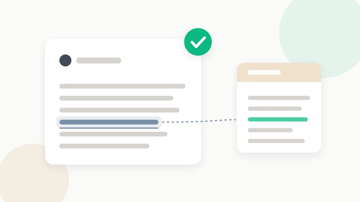 Illustration of an AI answer with one claim underlined and linked to the matching line in a source document, marked with a green check