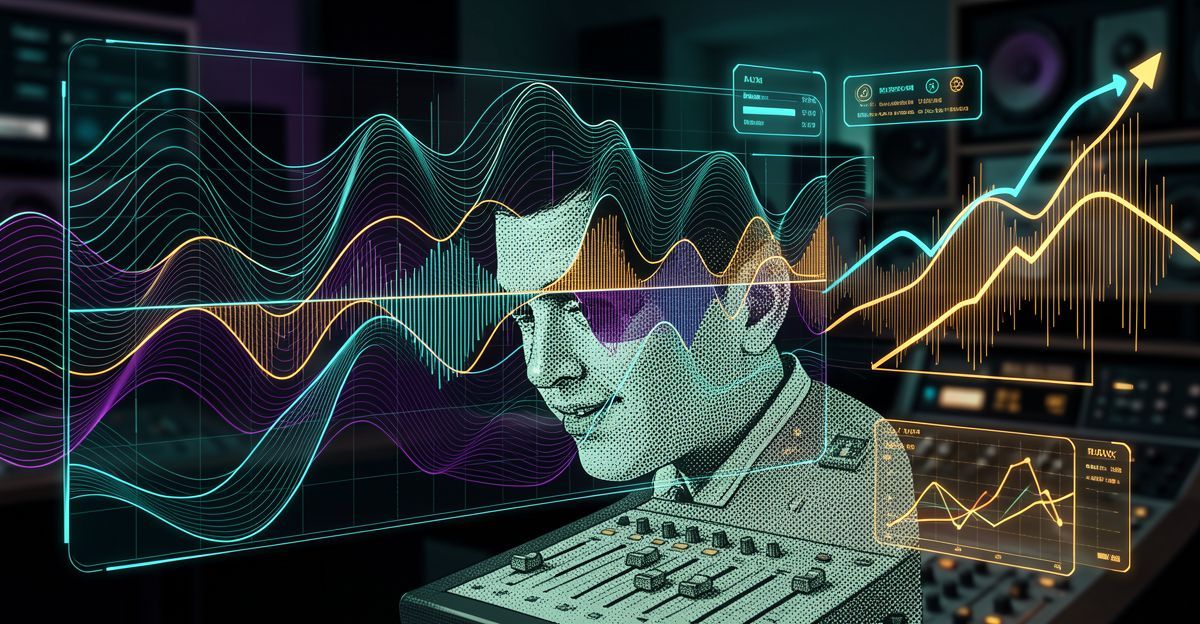 Audio engineer working at a mixing desk with headphones