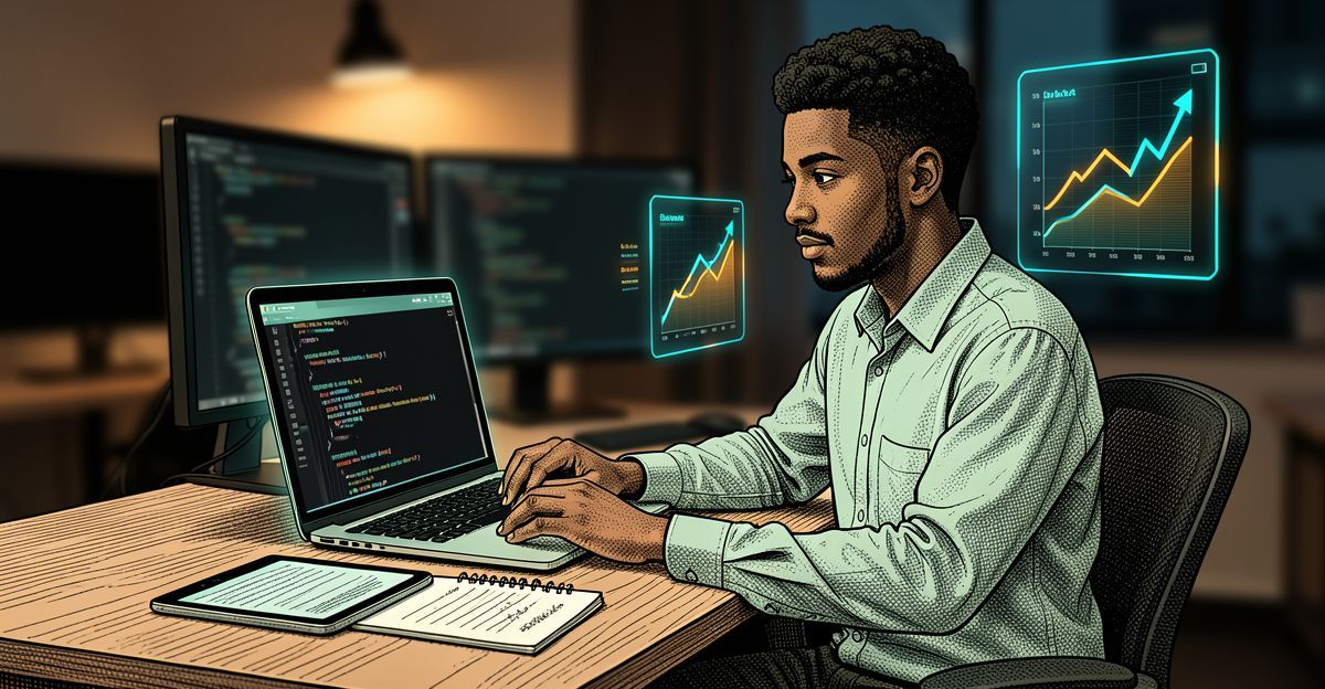 Developer reviewing AI-generated code on a laptop