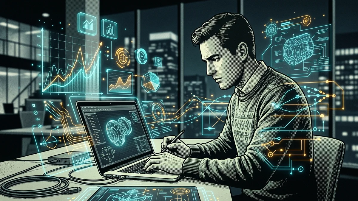 Engineer reviewing a simulation model on a laptop next to CAD drawings