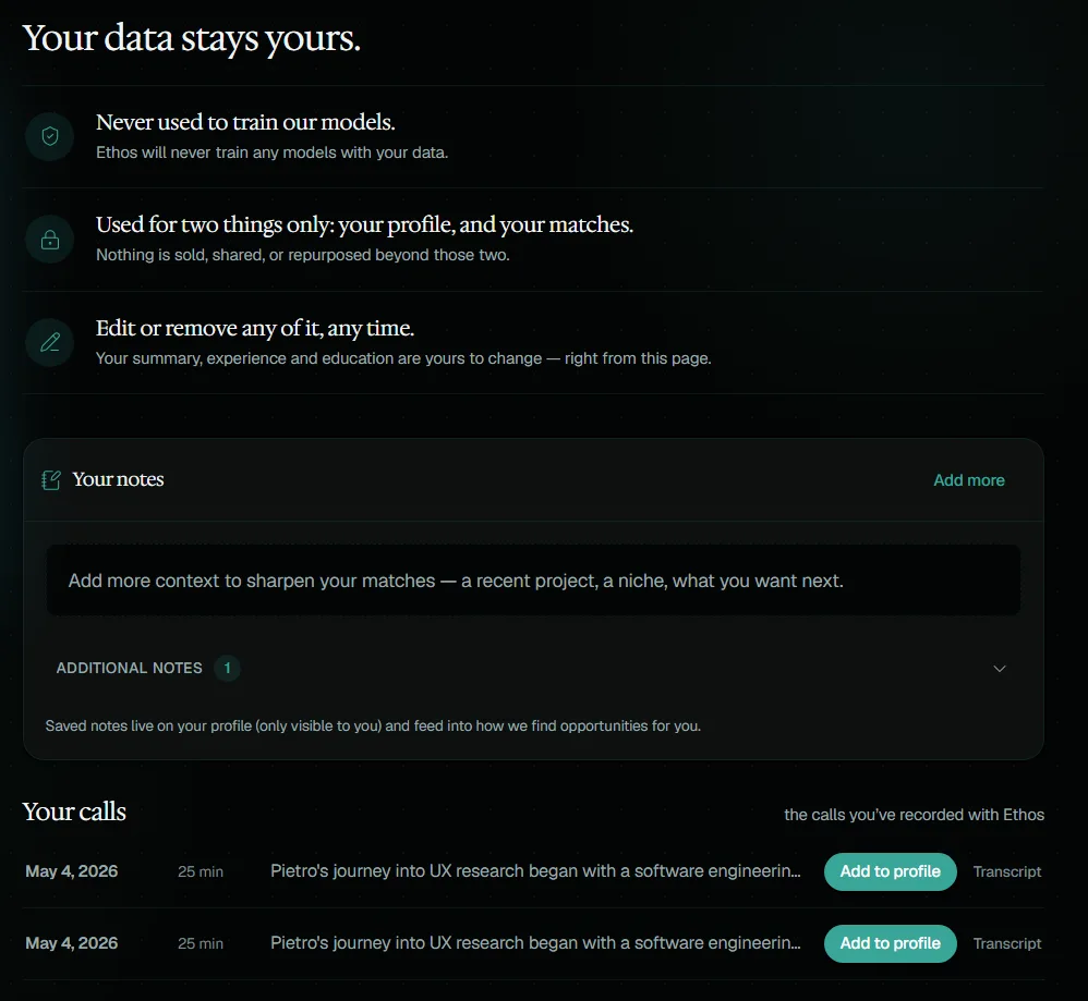 My AskEthos 'Your data stays yours' panel, listing the privacy bullets and showing two call-history entries from May 4, 2026, both logged at 25 minutes