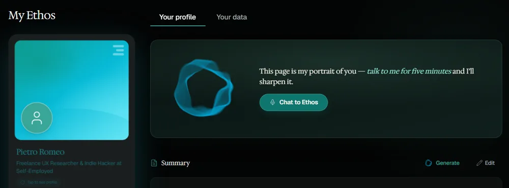 My AskEthos profile page, showing the teal profile card and the prompt: 'This page is my portrait of you, talk to me for five minutes and I'll sharpen it,' next to a Chat to Ethos button