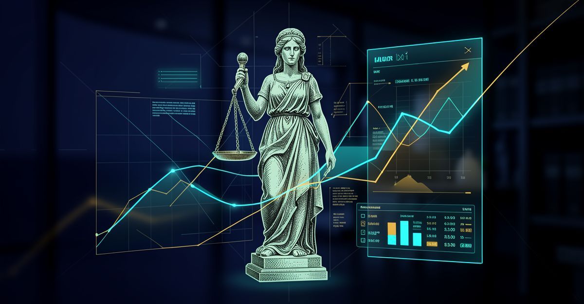 Legal professional reviewing documents on a laptop at a desk