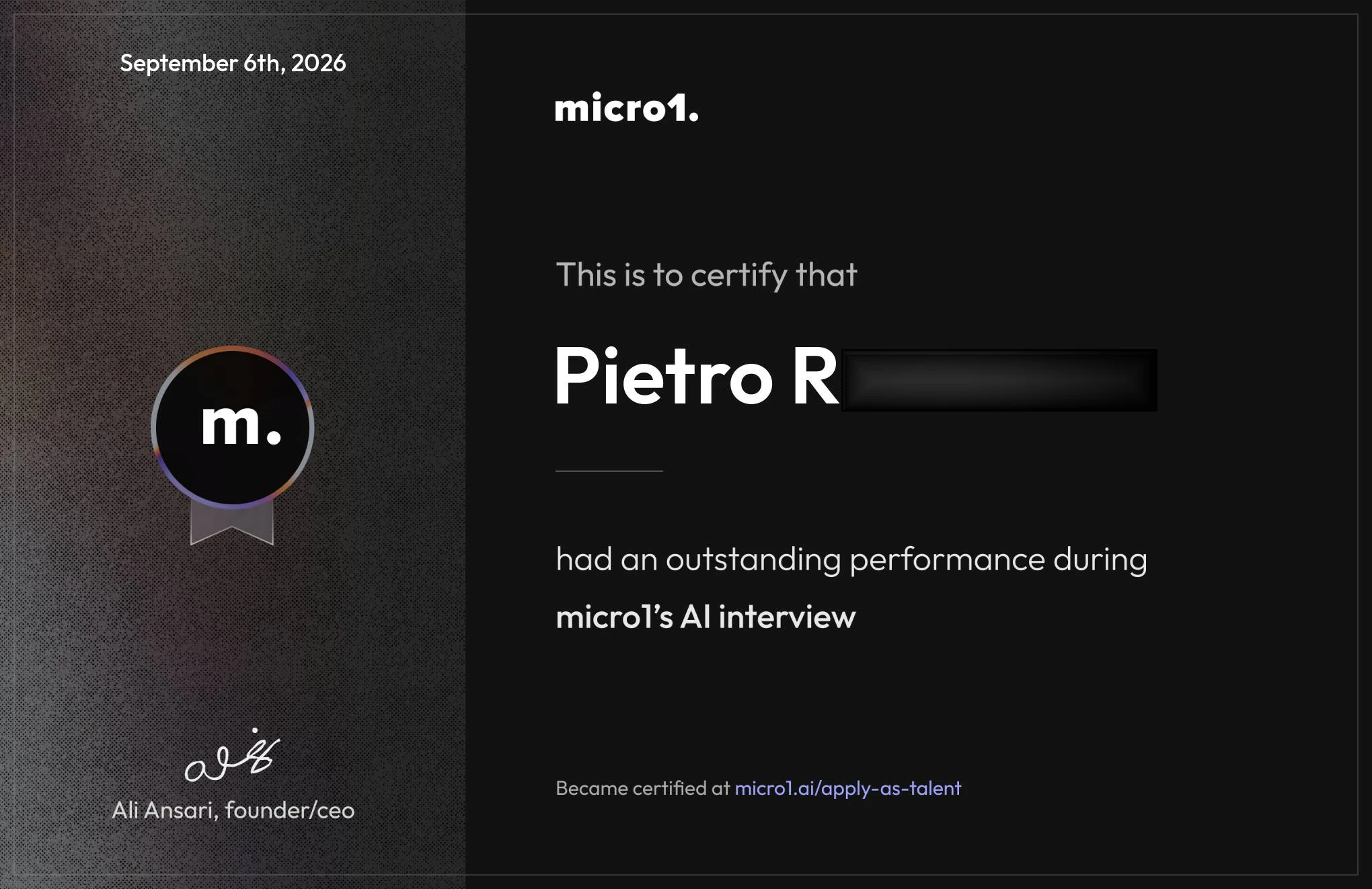 Micro1 certification email attachment dated September 6th, 2026, certifying an outstanding performance during Micro1's AI interview, signed by Ali Ansari, founder and CEO, with surname redacted