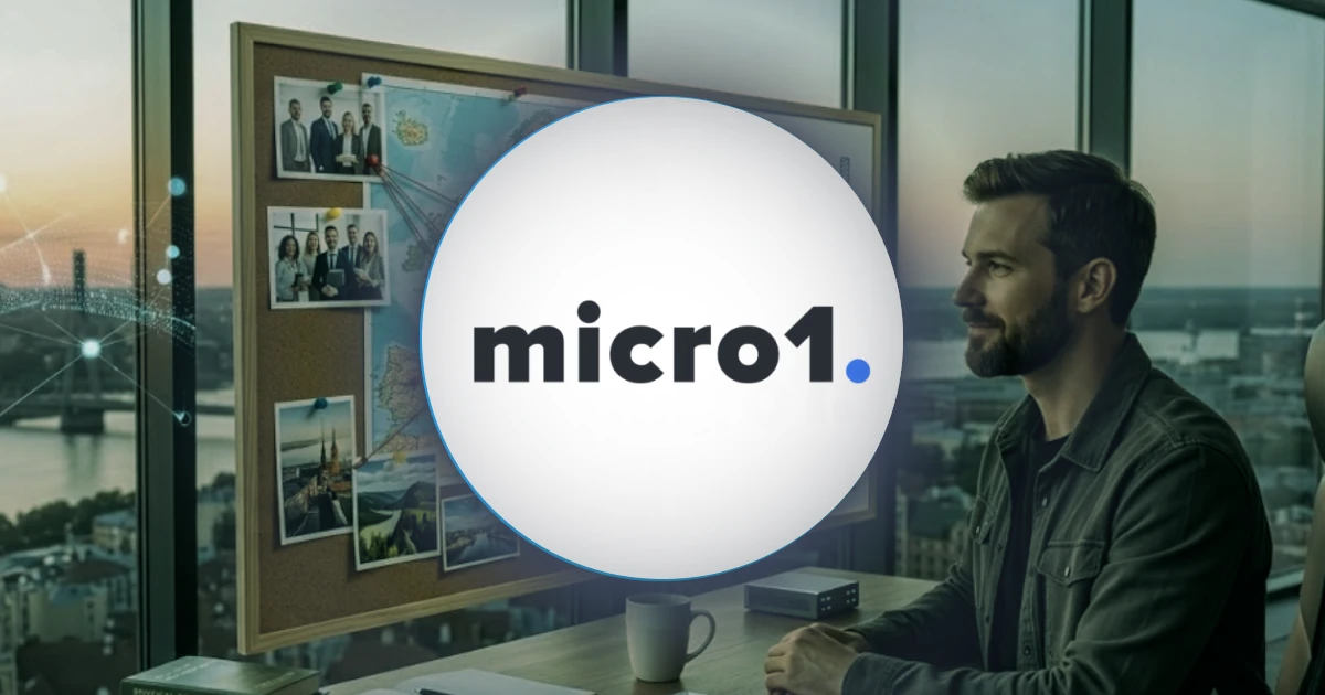 An illustrated AI interview screen with a five-segment focus-area progress bar, a countdown timer, an agent orb, a webcam tile, and a panel where the question appears as text