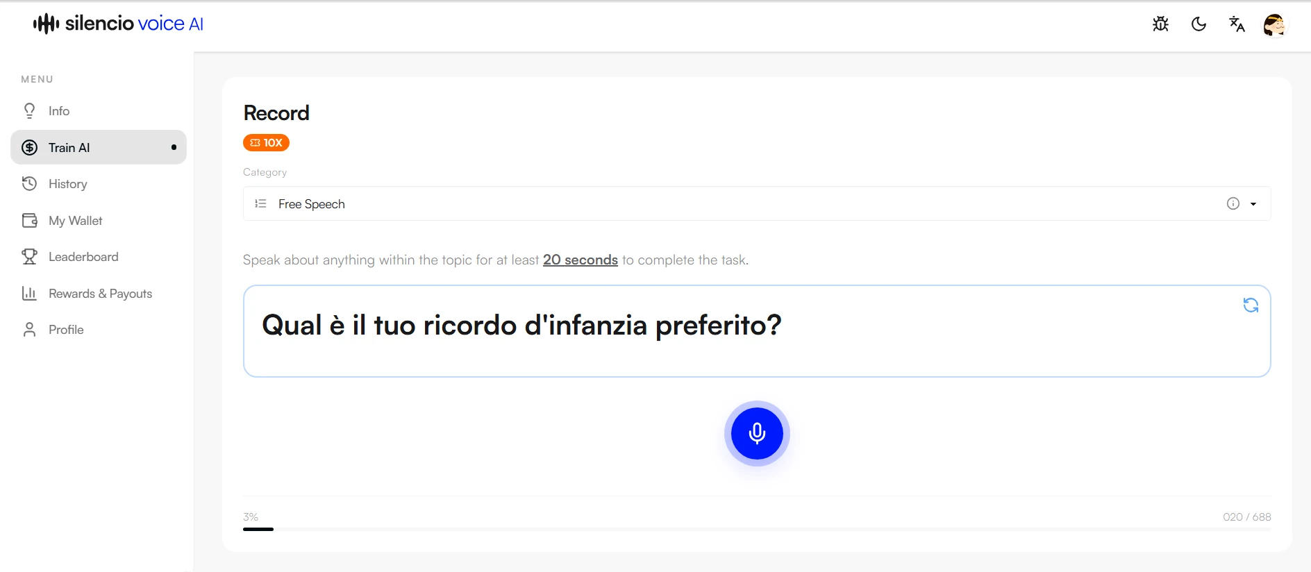 The Silencio voice AI "Record" screen showing a Free Speech prompt asking about a favorite childhood memory