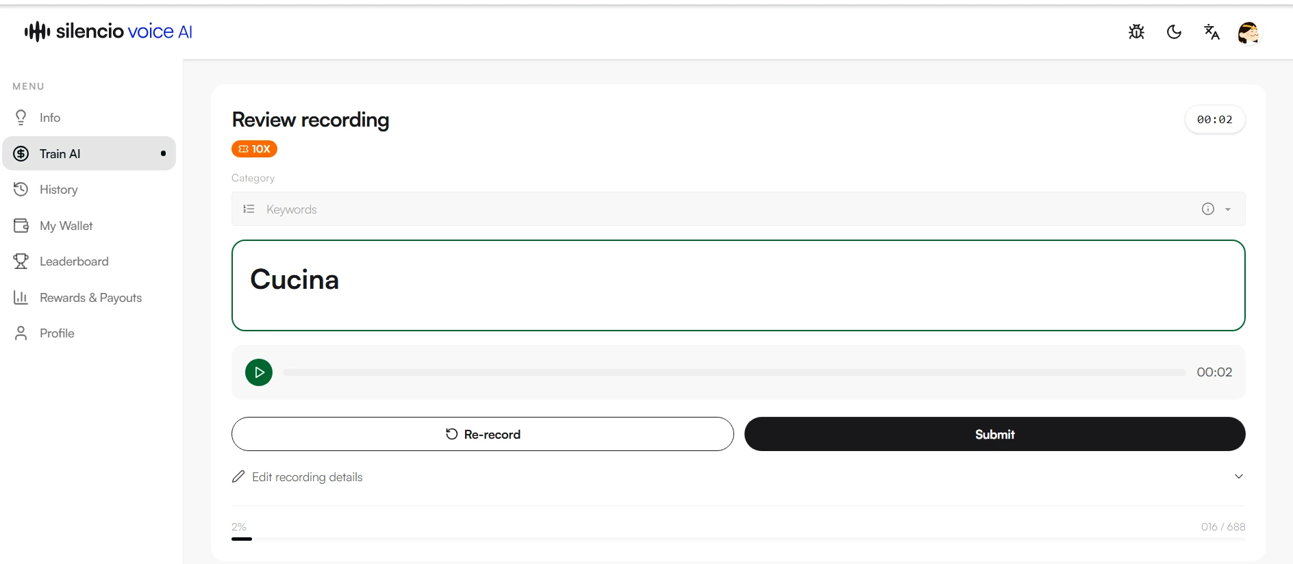 Silencio's Review recording screen for a Keywords task, showing the word 'Cucina' with a waveform playback bar and a Submit button