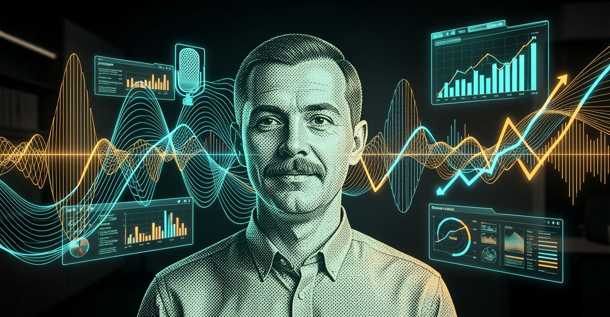 Voice actor in a home recording setup speaking into a condenser microphone