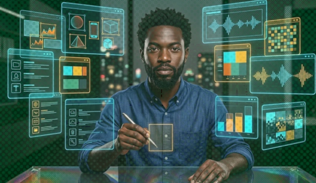 Annotated images and text being labeled for AI training