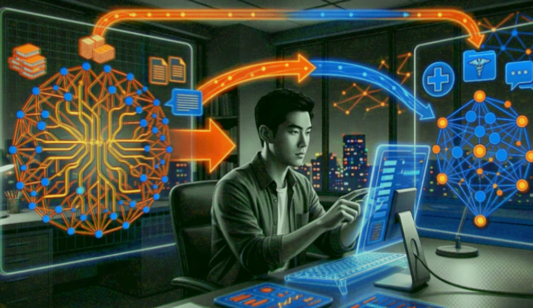 Diagram of an AI base model being fine-tuned into a specialized model